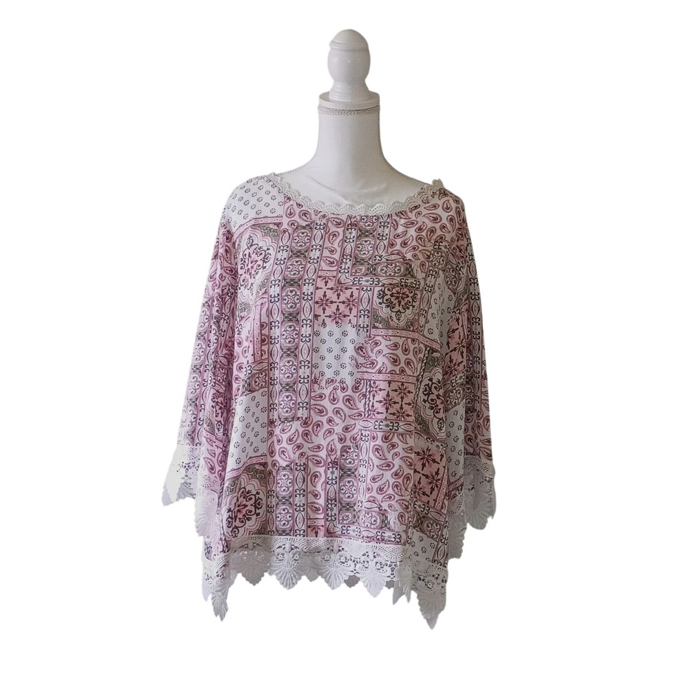 Grannycore BOHO  Woman 1X Pink Paisley Patchwork Crochet Lace Trim Blouse Shirt‎